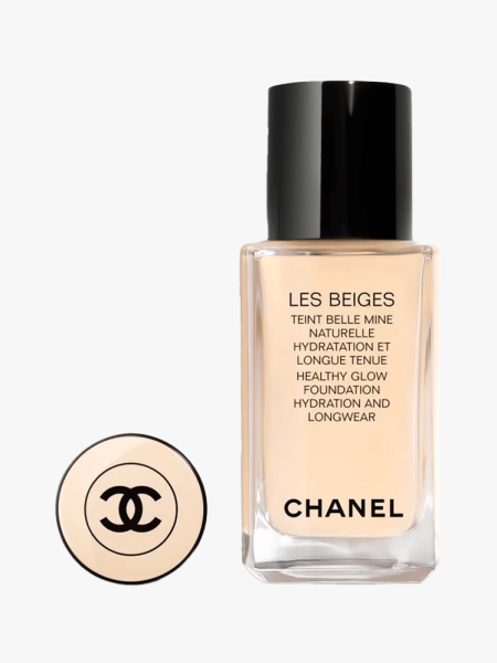 Chanel Les Beiges Healthy Glow Foundation in branded components on a light gray background